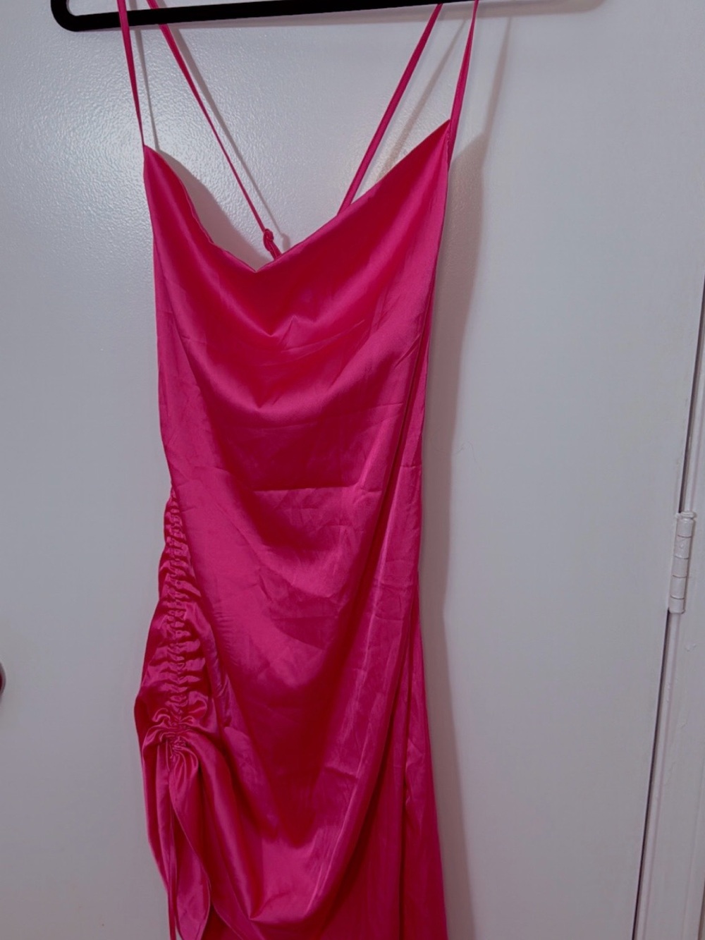 SHEIN Hot Pink Satin Cowl Neck Ruched Slip Dress